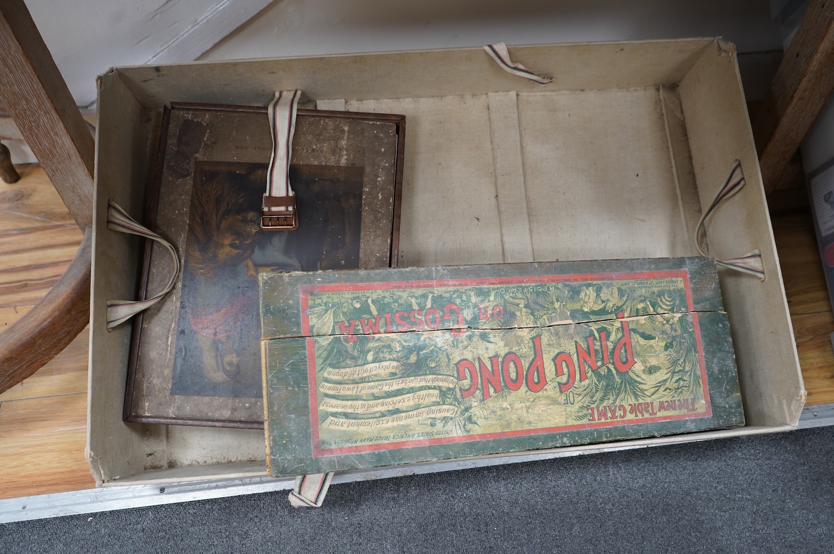 A collection of 19th century toys including; an early Jaques Ping Pong or Gossima set in an illustrated wooden case, a Crandall’s John Gilpin wooden horse with folded linen backed poster, ‘The Adventures of John Gilpin’